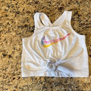Nike White Cropped Racerback Tank with Pink-Yellow-Blue Gradient Swoosh